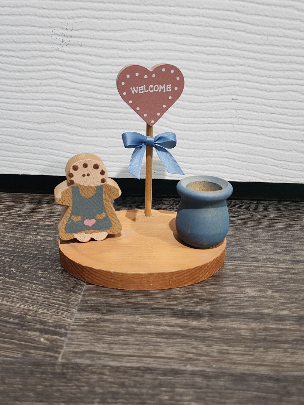 Wooden Welcome Heart & Blue Mini Candle Holder